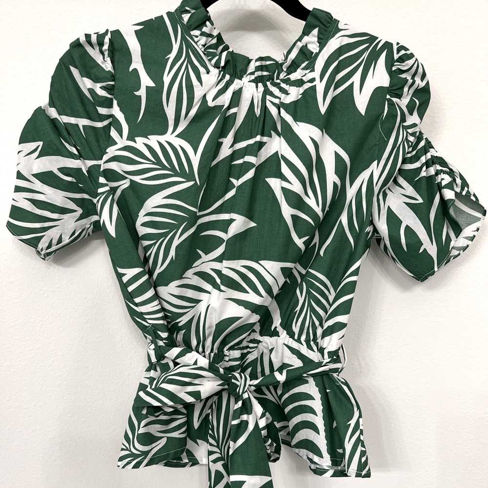 Green and white peplum top with tie